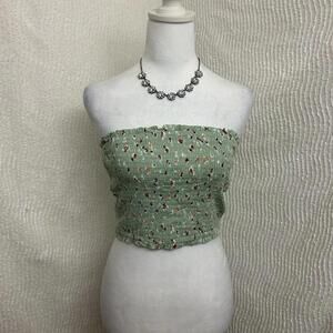 Sky And Sparrow NWT Strapless Top Green Size Medium Pink Floral Smocked Tube Top